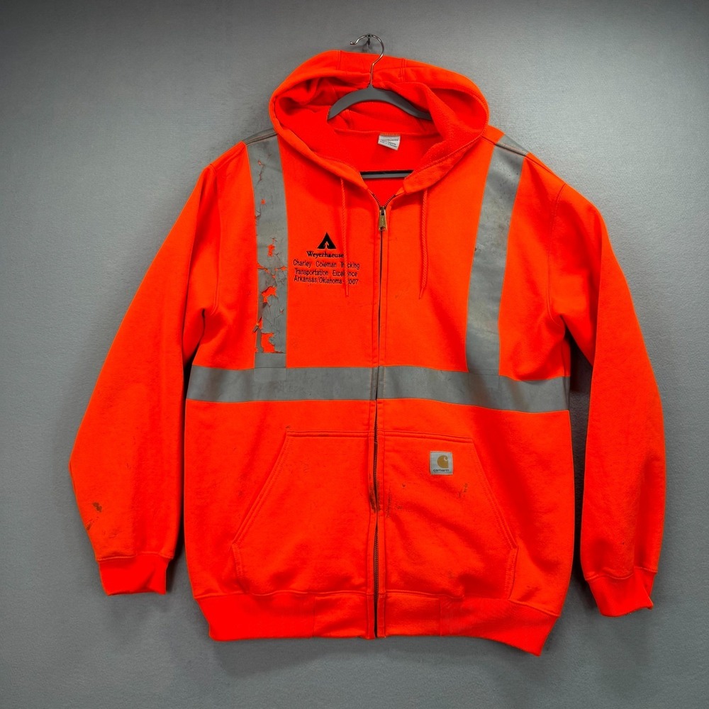 Carhartt High-Visibility Hoodie Mens Large Blaze Orange Distressed Trucking Zip